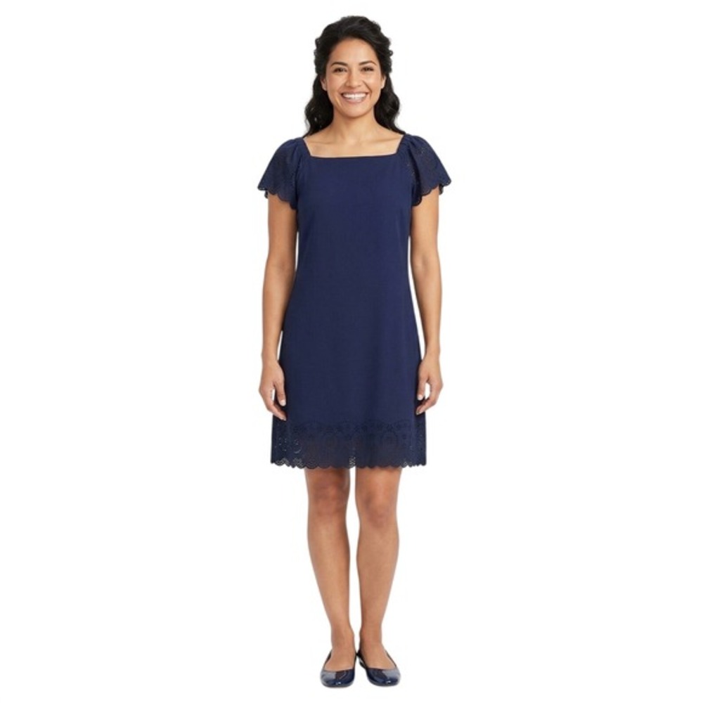 ELLE Women Navy Blue Eyelet Flutter Sleeve Off Shoulder Shift Dress XL NWT